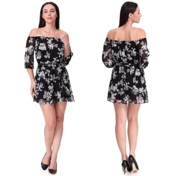 Off Shoulder Black Floral Tie Waist Half Sleeve Mini Dress - Picture 2 of 2